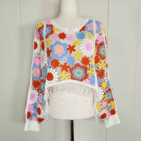 House of Harlow 1960 Crochet Floral Fringe Sweater Boho Festival One Size NWOT - Picture 2 of 6